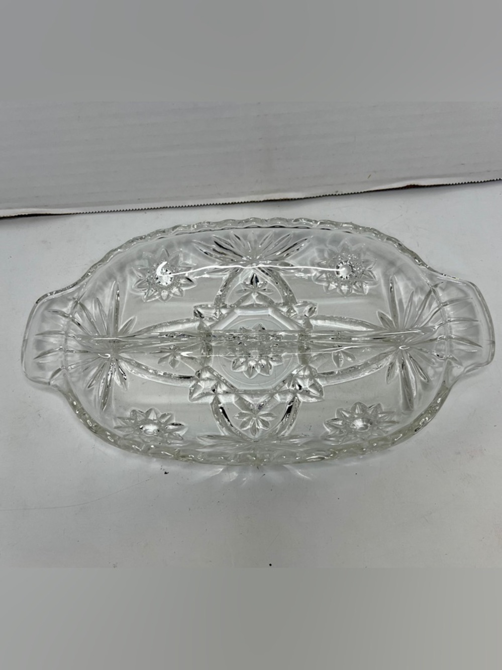 Vintage Anchor Hocking Glass Divided Serving Condiment Dish Star Pattern 6x10